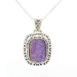 Purple Druzy Pendant Necklace Solid 925 Sterling Silver 18in Chain